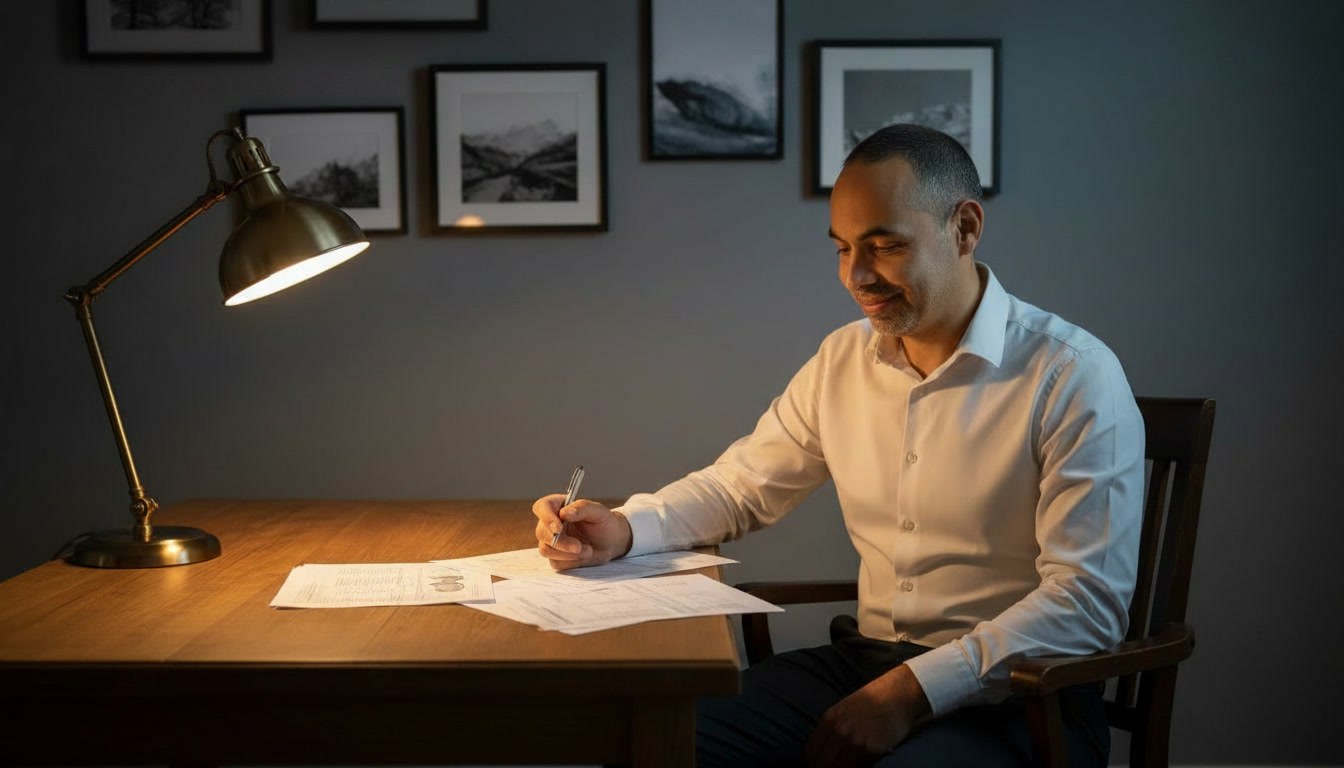 En person som arbetar med årsredovisningens handlingar vid ett skrivbord